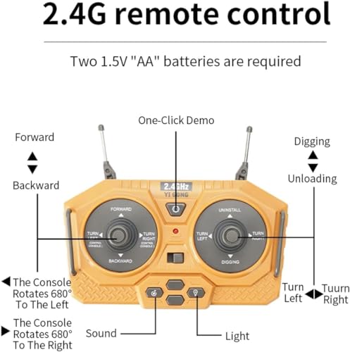 Image of Remote Control Excavator Toy 11 Channel Rc Excavator Truck Toys 1 /18 Scale 2.4Ghz Construction Vehicles with Metal Shovel 680 Rotation Lights & Sounds for Kids Boys Age 4-10 Years|Multicolor