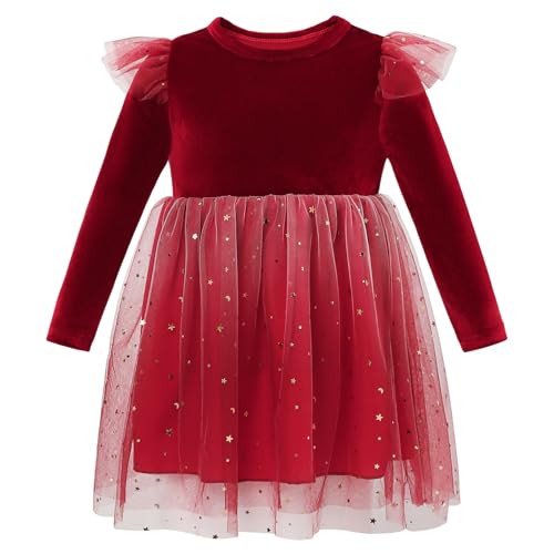 MK MATT KEELY Girls Christmas Dress 2-7 Years Kids Sparkly Princess Dress Toddlers Warm Velvet Outfit,Red,5 Years