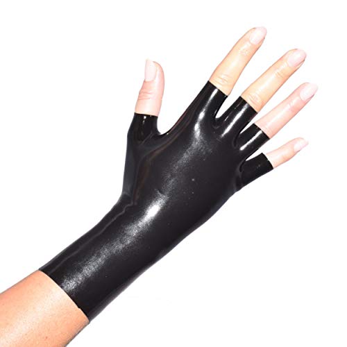 Rubberfashion Latex Handschuhe kurz - Latexhandschuhe - kurze fingerlose Handschuhe bis Handgelenk für Damen und Herren Schwarz 0.4mm M