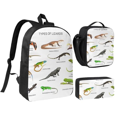 Sac à dos motif lézard 43 cm avec boîte à déjeuner et trousse noire pour voyage