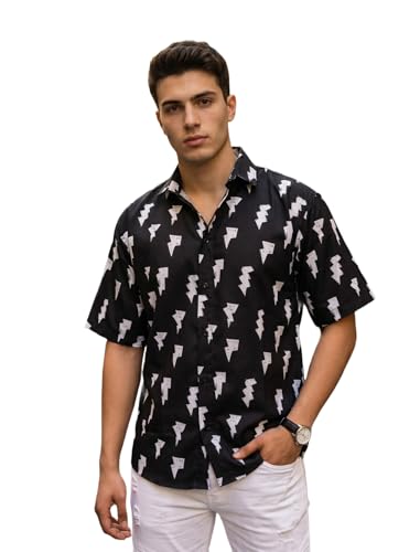 Image of BROWN CULTURE Men's Cotton Blend Printed Shirt with Spread Collared Neck Half Sleeves Oversized Straight Hem Length and Button Down Closure | Formal Shirts for Men