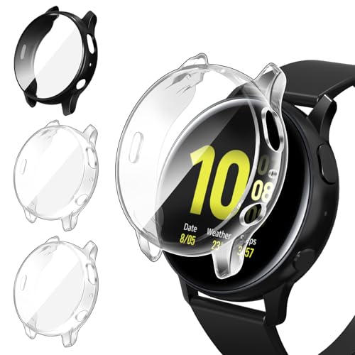 iVoler 3 Pezzi HD Clear Cover con Pellicola Protettiva per Samsung Galaxy Watch Active 2 40mm, Copertura Completa Custodia Anti-Graffio Ultra Sottile Morbida TPU Case, 2 Trasparente + 1 Nero