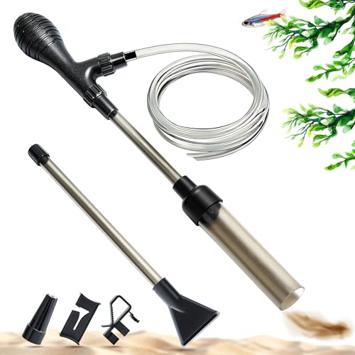 PEUZ Aspirateur d'aquarium 2 en 1 - Nettoyeur de sol et changement d'eau - Avec 3 embouts, tuyau de 2 m et support de tuyau, forte puissance d'aspiration pour...