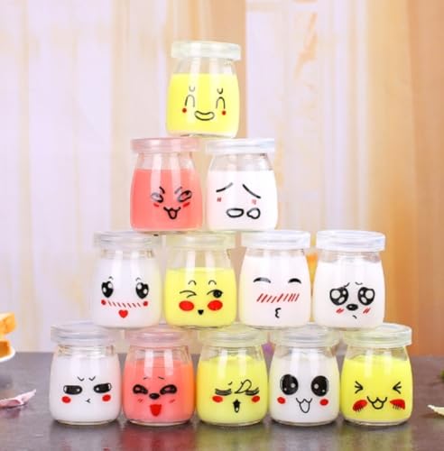 Farigrut ヨーグルト 瓶 12個 グラス プリン ボトル 蓋付き かわいい 漫画 はちみつ 容器 ムース ゼリー ミルク ジャム ウェディング 引き出物 (100ML)