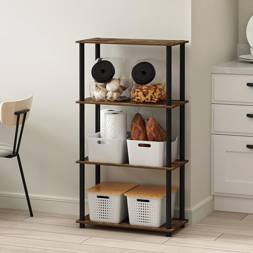 Image of Furinno Turn-N-Tube Storage Shelves, 4-Tier Toolless Book Shelf, Corner Shelf, Toolless Open Shelves, for Organization and Storage, Living Room, Garage, Home Office, Amber Pine
