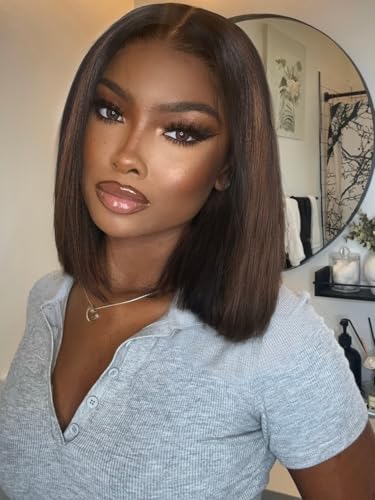 Image of KLAIYI Ombre Brown Yaki Straight Bob Wig Human Hair Bye Bye Knots Glueless Wig Precut Lace Pre Bleached Pre Plucked 7x5 Lace Front Ready to Wear Put On Go Wig with Dark Roots Balayage Brown Wig 10Inch
