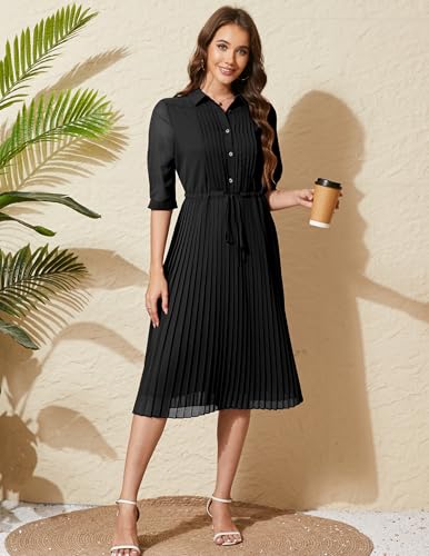 Women V Neck 3/4 Sleeve Pleated A-Line Dress with Belt Swing Midi Dresses for Spring Summer Autumn4