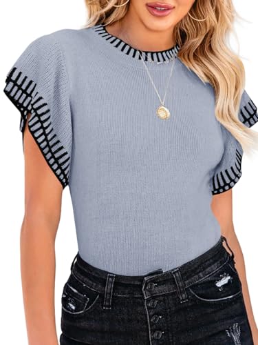 Image of Saodimallsu Womens Short Sleeve Sweater Summer Striped Top Soft Knit Shirts | Ruffle Sleeve,Loose,Crew Neck,Lightweight,Casual,Work,Spring,Womens Tops,Pullover,Fall