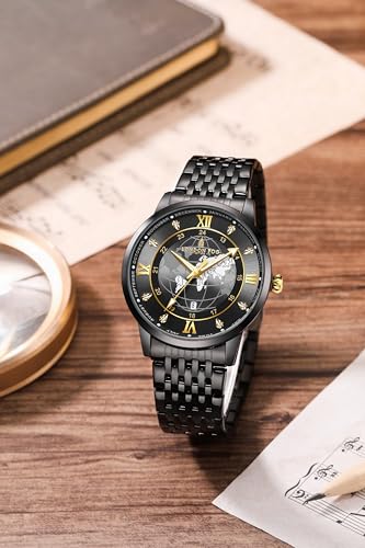 Image of London Fog Baker Collection Analog Quartz Watch for Men, Round World Map Dial with Month Markers & Crystal Accents, Luminous Hands, Stainless Steel Strap - LFM10009