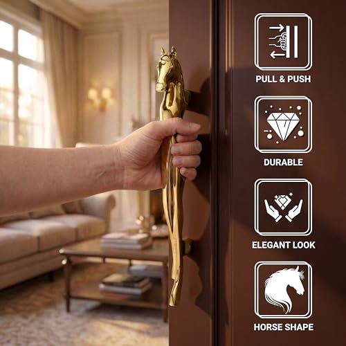 Image of GLOXY Premium Gold 12 inch Horse Shaped Main Door Handle with 8 inch Hole-to-Hole Spacing - Decorative Push & Pull Aluminium Wooden & Glass Door Handle for Home, Restaurant, Office & Banquet Hall - Pack of 1