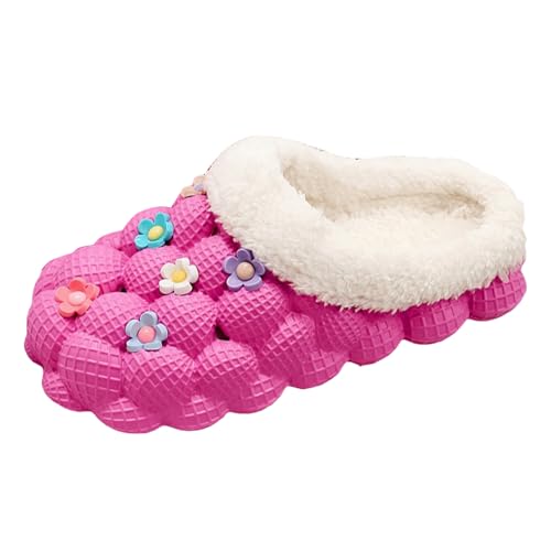 ZSpzx Women Cotton Slippers Bubble Slides Plush Fluffy Lining Thick Sole Flower Decoration Cute Memory Foam Anti-Slip Shoes Comfortable Indoor Wear-Resistant Winter Warm House Shoes