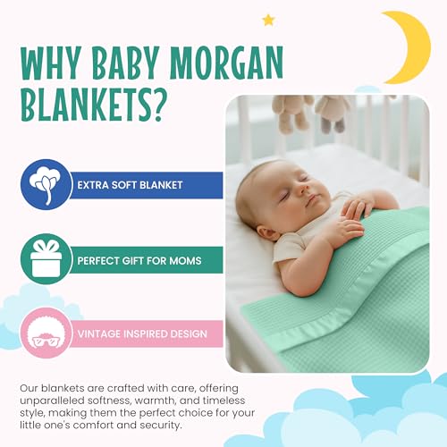 Image of Blankets Thermal Waffle Baby Blanket Crib Bedding - Soft Cozy Warm Infant Thermal Cover for Nursery Stroller or Bassinet, Lightweight Ideal Shower Gift, Satin Trim Mint Green 36 inch x 50 inch