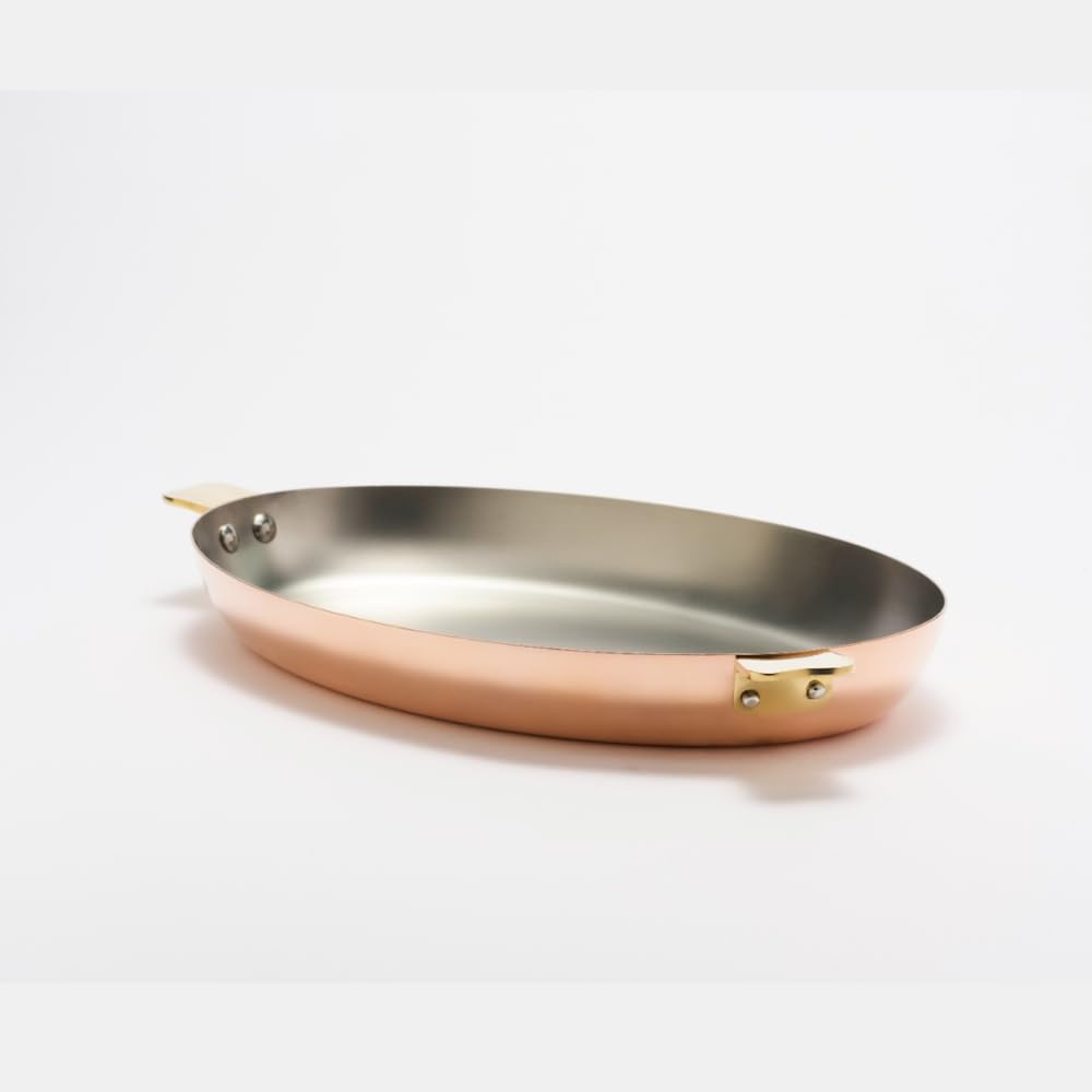 Mauviel Art déco Polished Copper & Stainless Steel Oval Pan With Brass Handles, 9.8-In, Made In France