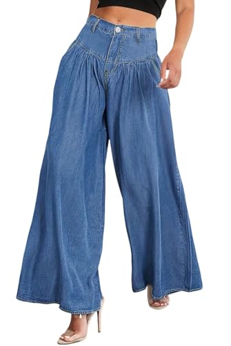 loveimgs Women Baggy Wide Leg Denim Sweatpants Y2k Elastic High Waist Boho Flare Denim Jeans Palazzo Pants