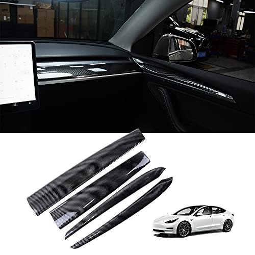 Carbon Fiber Style Car Dash Wrap and Front Door Panel Cover Trim for Tesla Model Y 2021-2023, Dashboard Cover for Tesla Model 3 2020-2023 (Bright Carbon)，Not for 2024