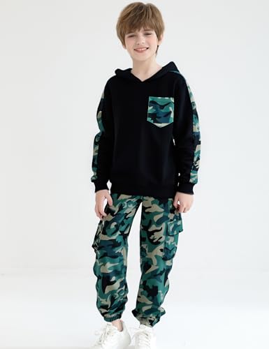 Image of mksodopy Boys Clothes Long Sleeve Hoodie and camouflage cargo pants Boy Outfits for 6-16 Years
