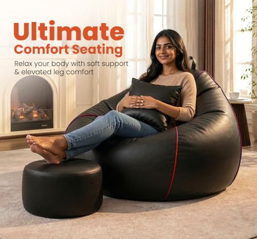 Image of Sattva Piping 4XL Sofa Style Bean Bag Chair with Beans Filled | Faux Leather Bin Bags Combo with Footstool & Cushion | Pre-Filled Large Beam Bag for Adults, Living Room - Black /Red Piping