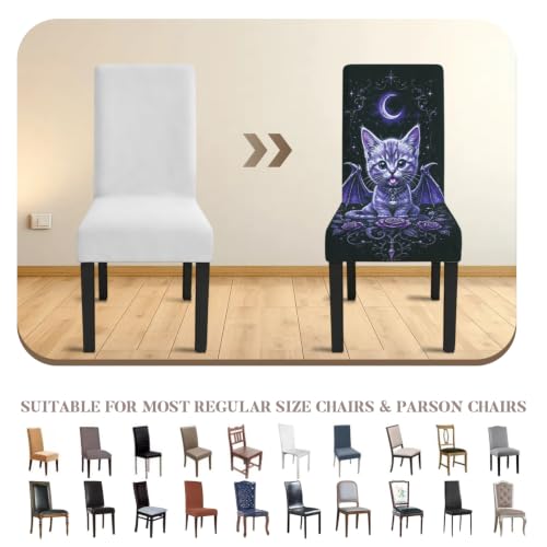 Image of Gothic Purple Bat Wing Cat Dining Chair Covers Set of 4 Slipcover