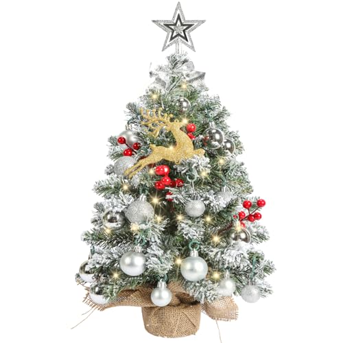 HMASYO Table Top Small Flocked Christmas Tree with Lights and Decorations, 22 Inch Mini Christmas Tree with Ornaments Set, Artificial Tabletop Snow Tree for DIY Xmas Holiday Home Decoration