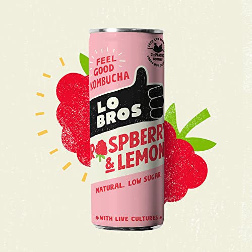 Lo Bros Kombucha - Raspberry & Lemon - Sparkling Refreshing Drink with Natural Ingredients and Live Cultures, Supports Gut Health, Low Sugar, Vegan, Gluten Free- 12 x 250ml