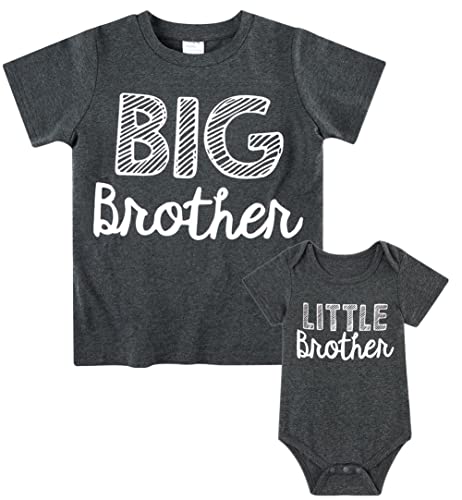 Image of Funnycokid Big Brother Little Brother Matching Outfits Newborn Baby Boys Clothes Boy T-Shirt Set Gift Charcoal Black Kid (3T)/Baby (0-3M)