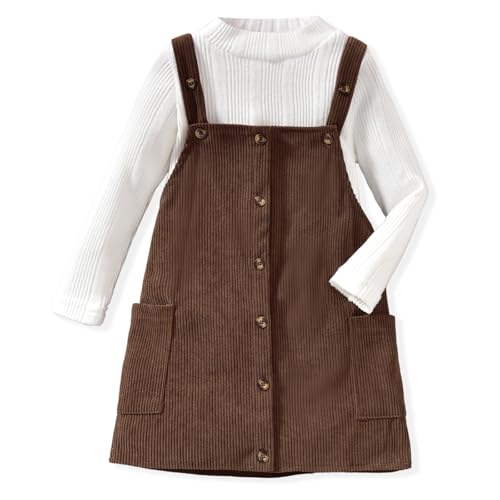 HINTINA Toddler Little Girl Corduroy Button Down Overall Dress Set 2-7Y