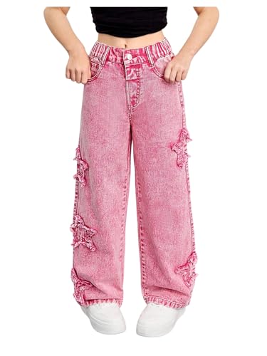 Floerns Girl's Ripped Star Y2k Denim Pants Elastic Waist Straight Leg Street Jeans
