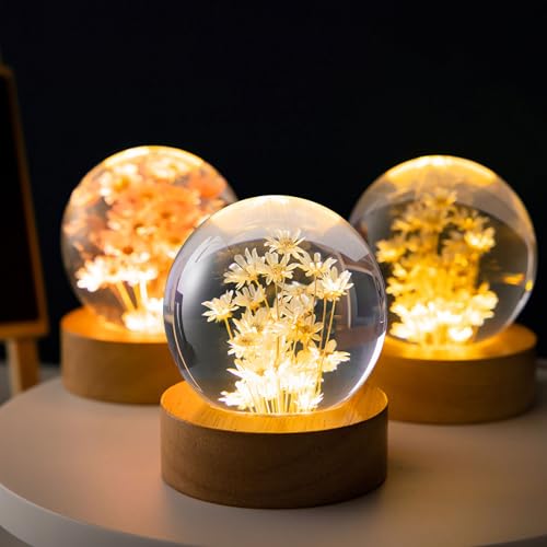 luolety Flower Crystal Ball Night Light, 6CM Glass Ball Lamp with Wooden with LED Light Base - Image 2