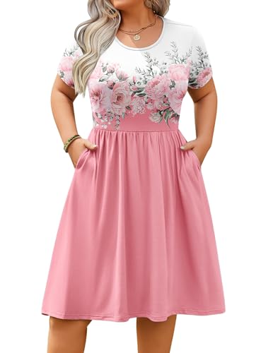 Image of IN'VOLAND Womens Plus Size Summer Dress Short Sleeve Casual Mini Dresses Empire Waist T-Shirt Dress with Pockets