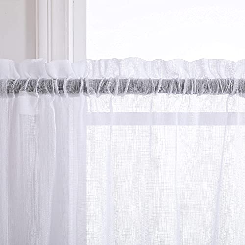 White Short Sheer Curtains 36 Inch Length For Kitchen Door 2 Panel Set Rod Pocket Cafe Curtains Linen Look Semi Sheer Tier Curtains For Small Window Bathroom Basement Kids Farmhouse Decor 30X36 Long #TOP1
