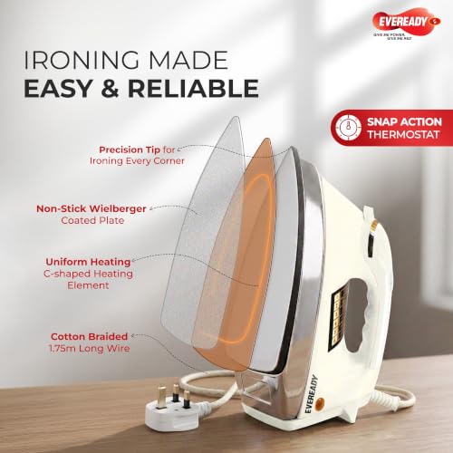 Image of Eveready EasyPress 1000W Heavy Weight Dry Iron with Non-Stick Soleplate, Adjustable Temperature Control, 360 Swivel Cord, Shock Proof Body for Smooth & Fast Ironing