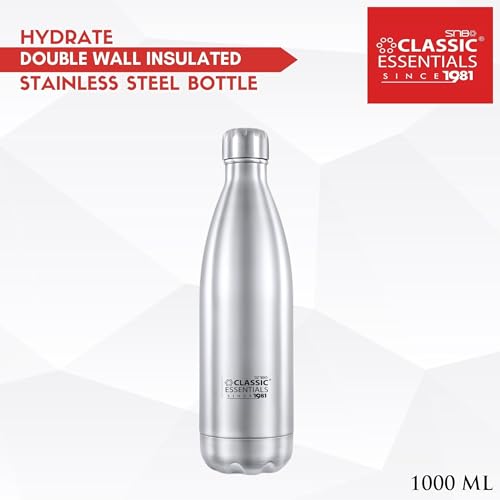 Image of Classic Essentials Insulated Double Wall Vacuum Stainless Steel Water Bottle Keep Hot and Cold,100% Leakproof Lid,Sweat Proof Water Bottles, Great for Travel Picnic & Camping (1000ml) Cola, Silver