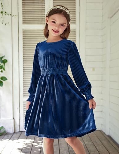 Arshiner Girls Long Sleeve Dress Velvet Crew Neck Midi Fall Vintage Plain Dress for Kids 4-13Y2