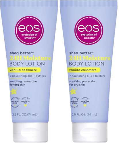 eos 24H Moisture Travel Body Lotion- Vanilla Cashmere, Travel Size Essential, Toiletries, Mini Body Lotion For Dry Skin, 2.5 fl oz (Pack of 2)