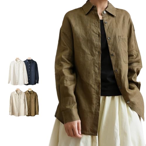 [FRENCH FRENCH] リネン100％ リネンシャツ シャツ ブラウス 麻100% 天然素材 レディース ゆったり 春 夏 秋 冬 M L 麻 無地 長袖 トップス ネイビー ホワイト ナチュラル カーキブラウン シンプル 通気性 通勤 5624293 (Lサイズ, ネイビー) - FRENCH FRENCH - 商品画像