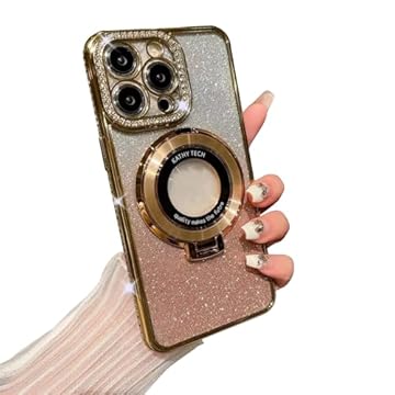 Fycyko Capa magnética para iPhone 14 Pro com suporte, capa de telefone luxuosa banhada a strass com glitter (compatível com MagSafe), design de suporte à prova de choque para iPhone 14 Pro-Gold