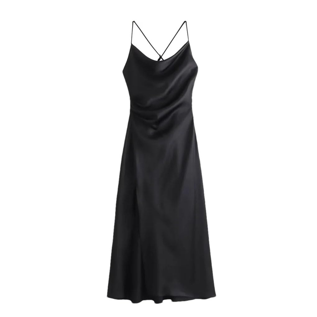 Robe midi en satin à bretelles spaghetti pour femme, couleur unie, longueur cheville, robes décontractées