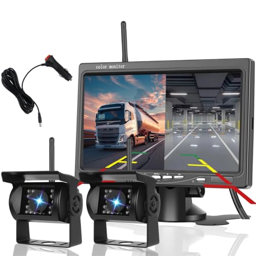 Hikity 7 Pulgadas Kit de 2 Camaras Marcha Atras con Súper Visión Nocturna Cámara Trasera a Prueba de Agua IP68 y Monitor IPS para Coche Camión Autobús Remolque RV Caravana