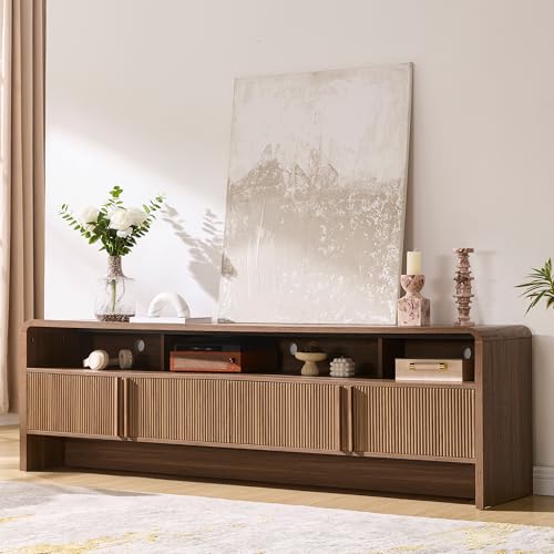 Image of AMERLIFE 70 inch Fluted Wood TV Stand for TVs up to 80 inch, Media Console Entertainment Center with Storage Cabinets for Living Room, Brown