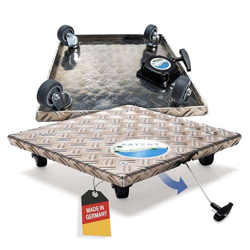 PlantMOVER Pflanzenroller mit Seilzug - 150kg Tragkraft 32x32 cm – eckig mit robusten Rollen – aus Aluminium-Riffelblech für besten Grip – Rollbrett für Pflanzen – Einfach ziehen, Made in Germany