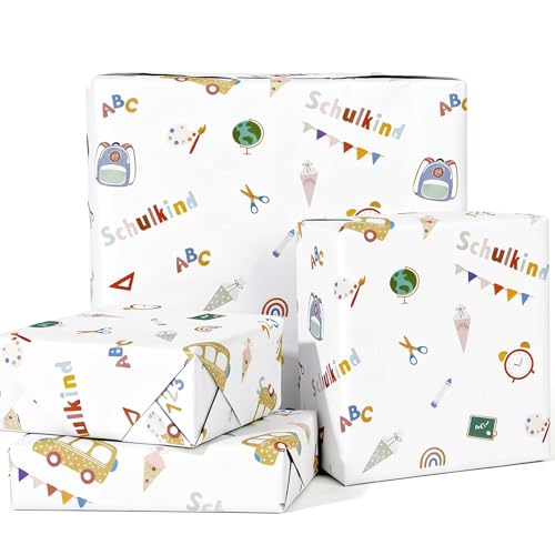 4 Blatt Geschenkpapier Einschulung 50x70cm Schulanfang Geschenkpapier mit ABC 123 Motiven für Schulkind Schuleinführung Geschenkverpackung für Schulbeginn Schulstart Party (Weiß)