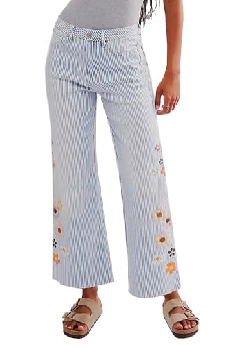 Kedera Women Embroidered Striped Pants Wide Leg Long Baggy Trousers 2025 High Waisted Loose Denim Jeans with Pocket