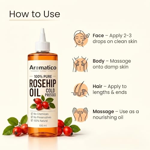 Image of Aromatico - 100% Pure Cold-Pressed Rosehip Oil for Facial and Skin Treatment | Rosehip Seed Oil for Radiant Skin, Lightening Dark Marks, Acne Scars, and Discoloration - 100ml