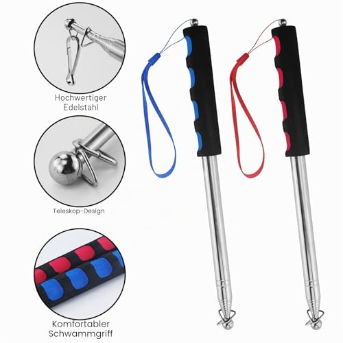 EASYKEENECOM 2 Stück Teleskop Fahnenstange, 2m Handheld teleskop fahnenmast Edelstahl mit 4 Clips Haken, teleskopstab Fahnenstange Ausziehbar für Reise Camping Reiseleiter Lehrer (Blau & Rot)