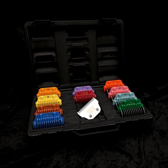 Show Tech Pro Kit Pettini Snap-on Wide in Acciaio Inox – 8 Pettini Colorati (10–38 mm) + Lama Wide #30 – Compatibile con Tosatrici Professionali – Valigetta Inclusa
