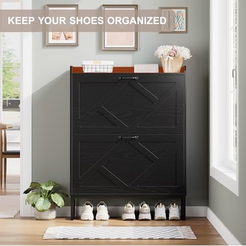 Image of Nicetree Shoe Storage Cabinet with 2 Flip Drawers, Freestanding Shoe Organizer, Shoe Cabinet with Metal Legs, Narrow Shoe Rack Cabinet, Farmhouse Slim Shoe Cabinet for Entryway, Foyer, Hallway, Black