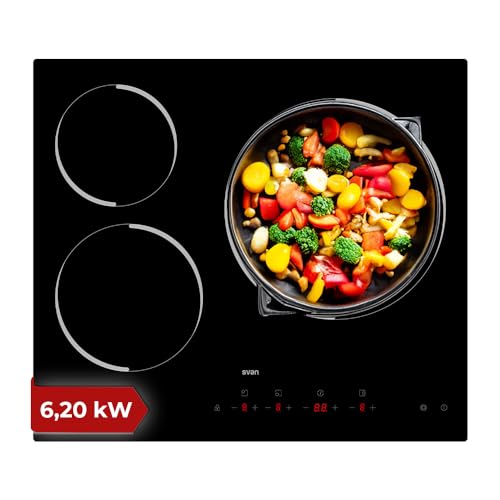 Svan Placa Vitrocerámica Cristal negro SV3601. Potencia máx. 6200 W, 3 Zonas de Cocción, 9 Niveles de Cocción, Control Táctil, Bloqueo y Autodesconexión de Seguridad