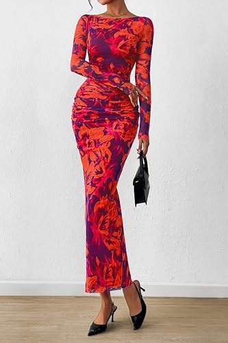 Image of PRETTYGARDEN Women's Long Sleeve Bodycon Dresses 2026 Spring Sexy Floral Mesh Slit Ruched Tight Maxi Wedding Guest Dress