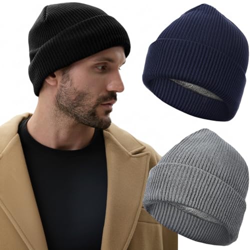 Geyoga 3 Pack Waterproof Beanie Women Men Winter Warm Beanie Fleece Lined Knit Hat Windproof Hat for All Weather Warm(Black Navy Blue Dark Grey)