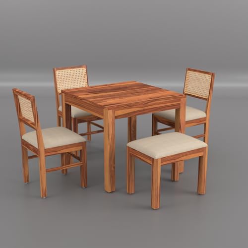 Image of Solid Wood Cane 4 Seater Dining Table Set | Four Seater Dining Table with 3 Cushions Chairs & 1 Bench for Dining Room | 4 Seater Dining Set for Hotel Restaurant | Sheesham, A-Honey